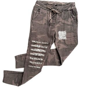 Venti6 Camouflage Jogger Pants with Sequins And Patchwork Trim - Made In Italy!